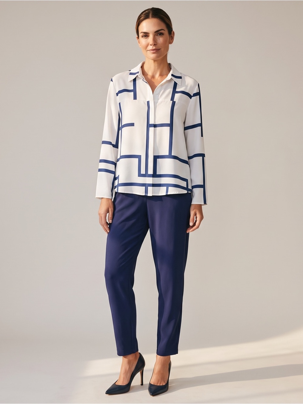 Tailored Navy/White Long Sleeve Button Down Blouse & Pants Set Size-2XL NEW